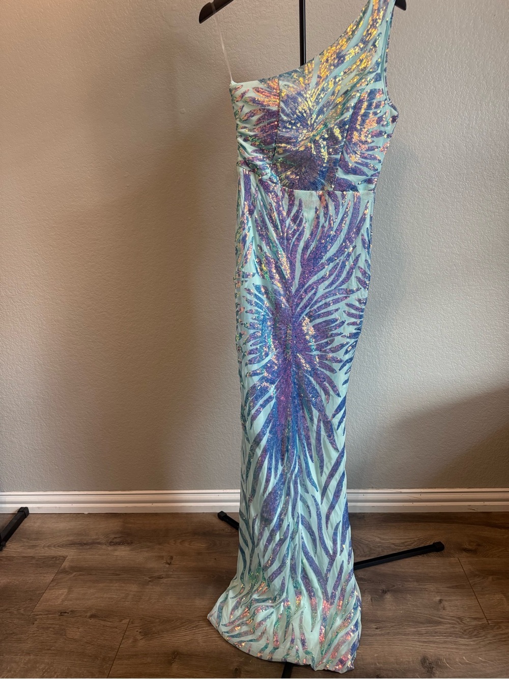 One-Shoulder Aqua Sequin Floral Evening Gown